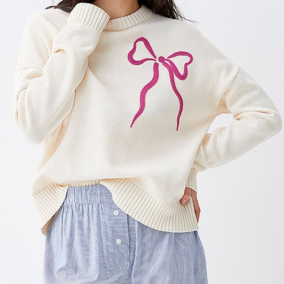 Ivory/Cream Beige Pink Embroidered Bow Sweater - Picture 2 of 3